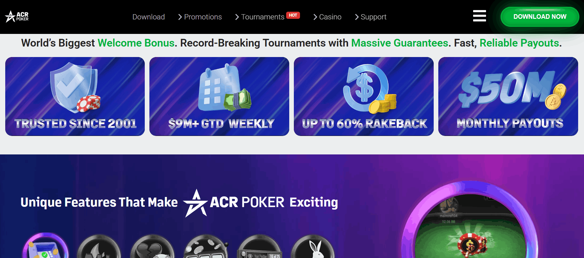 Snapshot of ACR Poker highlighting high-stakes tournaments and USA player bonuses